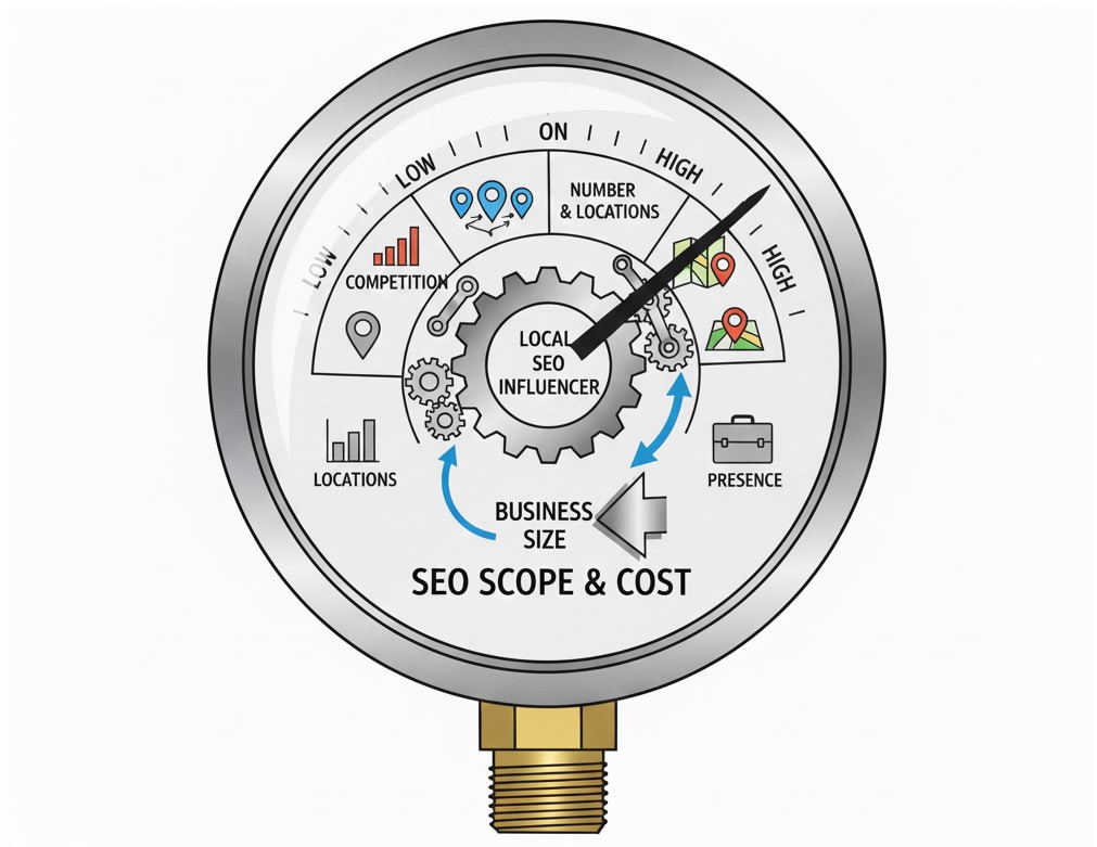 Pressure gauge illustration showing the factors that influence local SEO scope and cost
