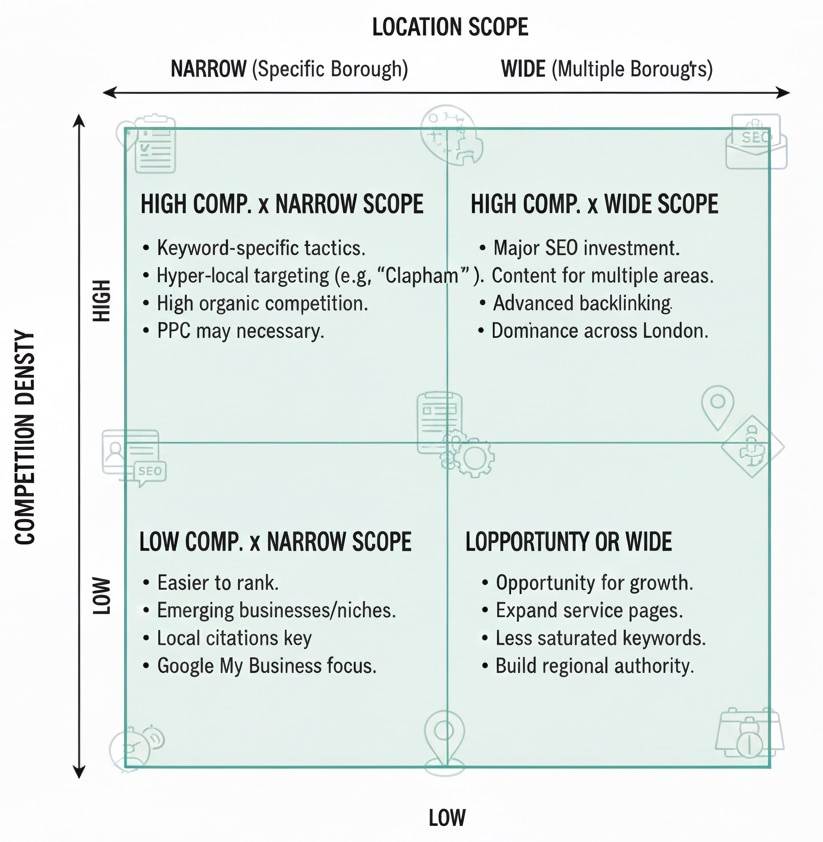 Matrix showing low vs high pressure scenarios for local SEO in London